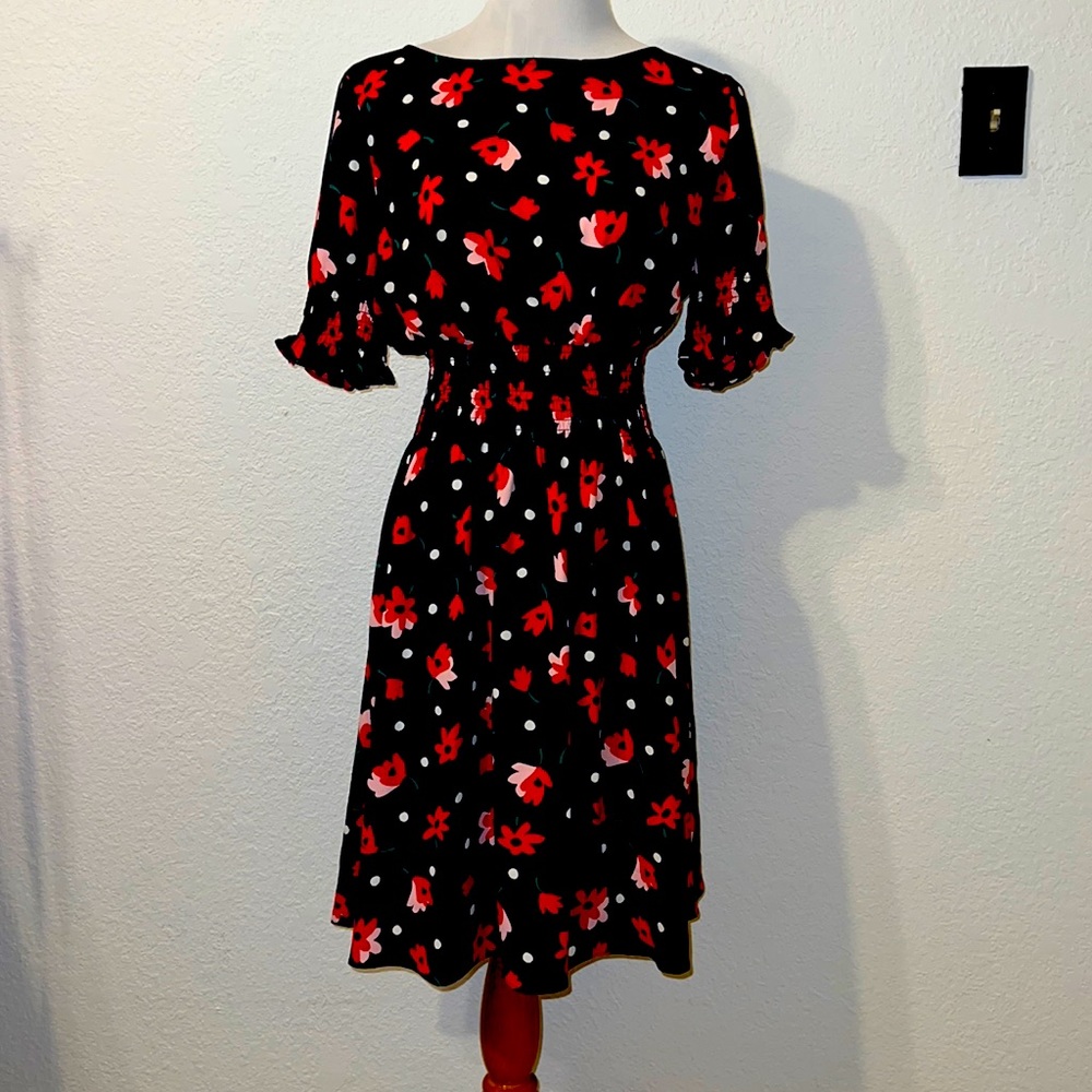 Black Midi Dress with Red Floral Print